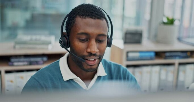 Call center, customer support and black man in office with water talking for advice, help and consulting. Telemarketing, communication and African worker drinking for crm service, contact and chat