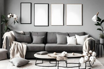 living room with a sofa and wall 4 frame mockup