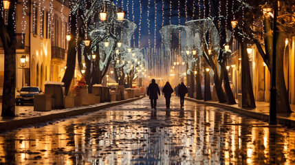 Three people walking thru a town in winter  decorated with cute christmas lights. Generativ AI.