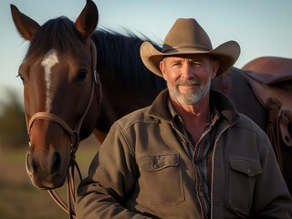 Handsome Smiling Mature 50s Western Cowboy Rancher with Horse Closeup Portrait