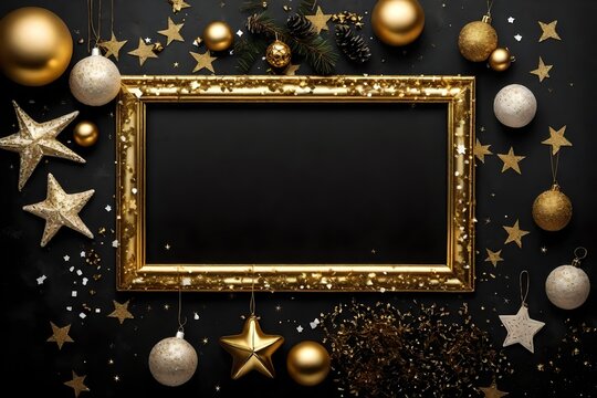 christmas background with golden baubles and wall frame mockup