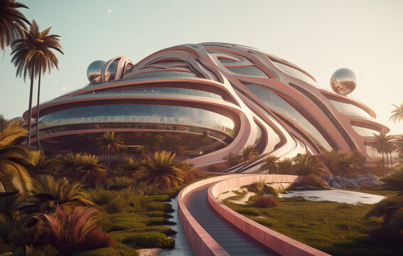 Futuristic architecture building in the desert created with Generative AI technology