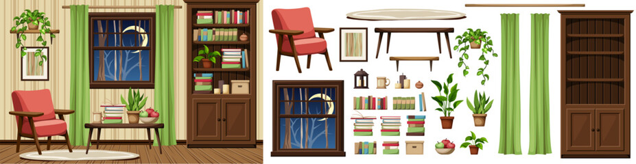 Living room interior with a bookcase, an armchair, a table, and night view outside the window. Retro interior design. Furniture set. Interior constructor. Cartoon vector illustration
