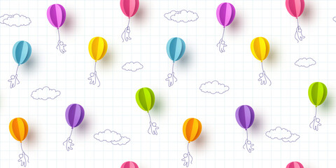 Children's Day seamless pattern with flying balloons and kids on copybook page background. Vector 3d paper colorful ballons special cartoon child birthday template