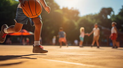 Close up a boy playing with basketball on basketball court outdoors at school, children in the background, warm lighting education, physical education and fitness