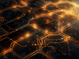 Obraz premium Modern gold digital background, merging illustration, technologies, and cybersecurity elements