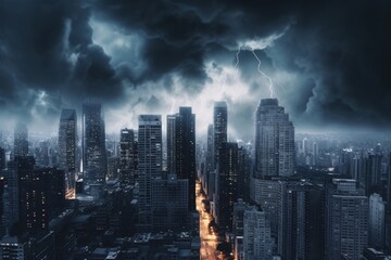 Cityscape at night with stormy sky and lightning. 3D rendering. Storm over the city at night as a concept for climate change.