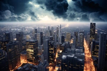 Obraz premium Cityscape at night with stormy sky and lightning. 3D rendering. Storm over the city at night as a concept for climate change.