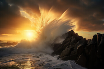 High waves at sunset over the sea