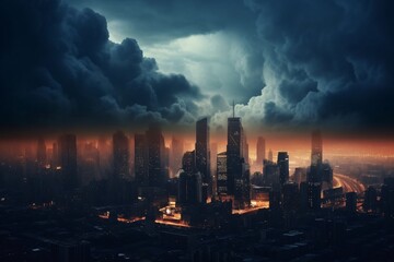 Cityscape at night with stormy sky and lightning. 3D rendering. Storm over the city at night as a concept for climate change.