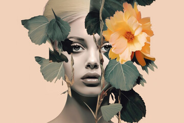 Abstract fashion art paper collage. Portrait of a woman with many flowers. Generative AI