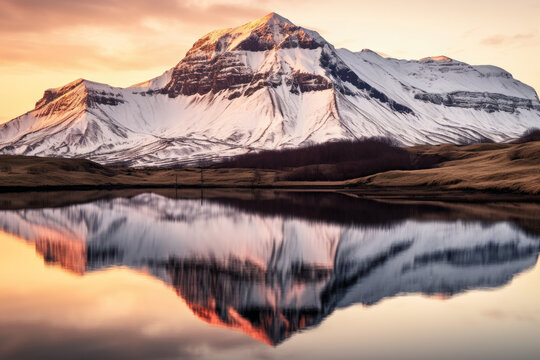 Mountain lake reflection at sunset