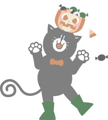 happy halloween holiday festival with cute black cat, pumpkin and candy, flat png cartoon character transparent element design