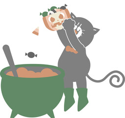 happy halloween holiday festival with cute black cat, pumpkin, cauldron and candy, flat png cartoon character transparent element design