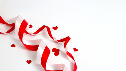 Red and white ribbons with empty copy space on white background. Indonesia Independence Day concept