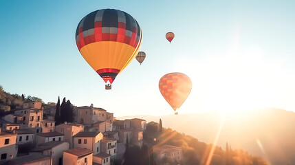 Fototapeta na wymiar Colorful balloons with a gondola illuminated by the sun. Generative AI technology.