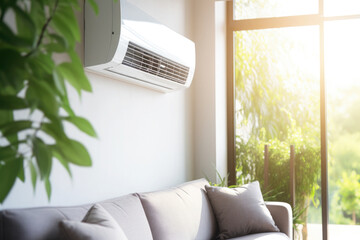 Living room interior with air conditioner. Adjusting comfort temperature in home at hot summer, cooling air in the room - obrazy, fototapety, plakaty