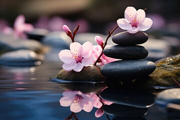Obraz na płótnie Canvas Zen stones in the pond. AI generative