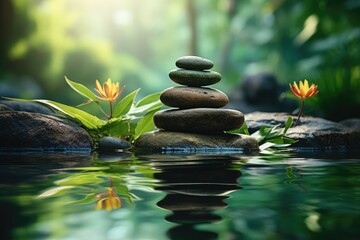 Obraz na płótnie Canvas Zen stones in the pond. AI generative