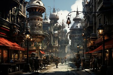 Steampunk City mit Hauptstraße, Gebäude Wolken und Himmel