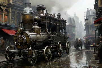 Fototapeta premium Steampunk City mit Lokomotive als ÖPNV. Regen, Gebäude und Passagiere