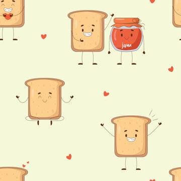 Cute childish pattern with a fun character of toast bread. Seamless pattern on a light yellow background for clothes, fabric, wallpapers, textiles and paper. Stock vector illustration.