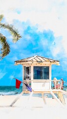 Watercolor painting illustration of lifeguard tower in Fort Lauderdale