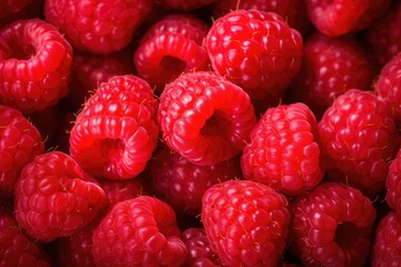 Fresh juicy ripe raspberries background, top view close-up.