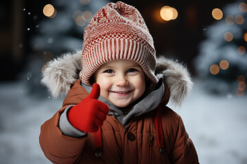 Happy joyful smiling little kid in santa hat showing or holding thumbs up