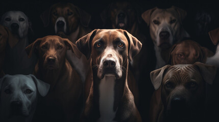 a dog in a social setting, surrounded by other dogs, highlighting the dog's unease, stress and anxiety, depression, judgement