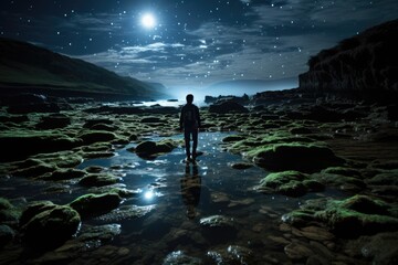 Under Moon's Gaze: Capturing a Traveler's Journey among Tide Pools, Moonlight Painting the Path, Immersing in the Mysterious Microcosm of Marine Life, Identity Concealed Generative AI