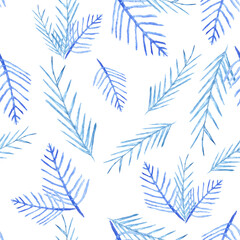 Watercolor seamless pattern with lots of blue frost fir tree branches as winter christmas new year party background wrapping paper.