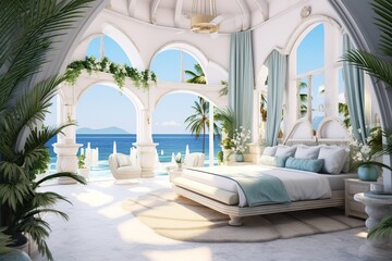 Obraz na płótnie Canvas Interior Design of a Modern & Luxury Bedroom with a Balcony near the Sea, Greece. Santorini.