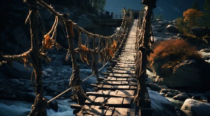 Risky Tibetan Bridge made of Wood near a Huge Mountain.