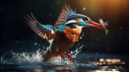 Naklejka premium Close up of a Kingfisher Hunting and Catching a Fish.