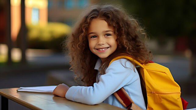 Portrait of girl toddler learner with curly hair and yellow backpack smiling at kindergaten school desk outside 