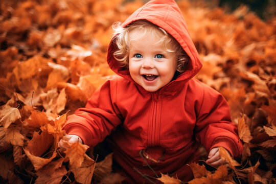 Generative AI illustration of portrait baby Smiling with a red hood on his head looking at camera full surrounded by dry autumn leaves in blurred background