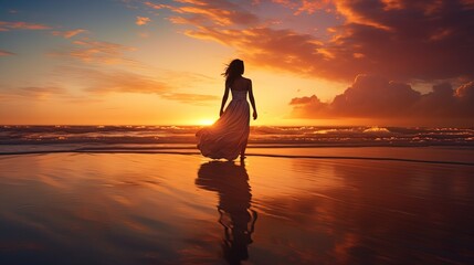 Amazing Shot of a Lady Walking towards the Sun during the Sunset in the Beach over the Shoreline. Long Dress Blown by the Wind.