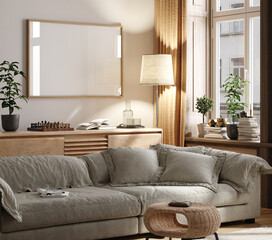 Mockup frame in living room interior, 3d render - obrazy, fototapety, plakaty