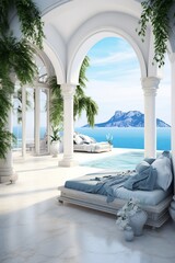 Obraz na płótnie Canvas Interior Design of a Modern & Luxury Bedroom with a Balcony near the Sea, Greece. Santorini.