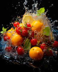 Various fruits floating in water. Collection of fruits with liquid on the surface.