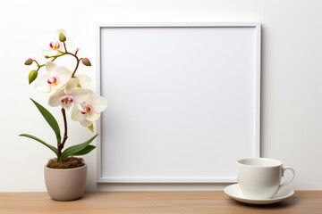 Mockup frame, White Background Mockup Frame with Kitchen Decor and Orchids. Generative AI