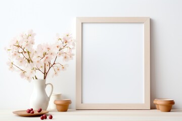 Mockup frame, White Background Mockup Frame with Kitchen Decor and Orchids. Generative AI