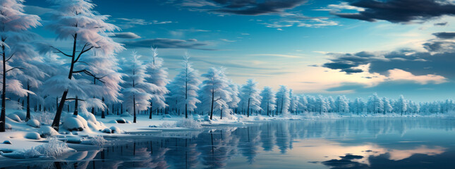 A serene winter landscape with snow-covered trees and a calm body of water. A painting of snow covered trees and water