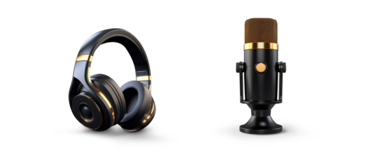 set of stylish broadcast professional microphone and a matching black and gold color headphones, isolated cutout on transparent png background or listening to music or podcast and streamers concepts