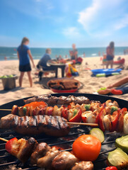 Barbecue party with people in the background, beach and sea, grilled skewers, grilled meat, fire, summer party, barbecue at the beach,  people having fun, family and friends, bbq