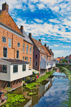 The so-called hanging kitchens of medieval buildings along a canal in the town of Appingedam, province of Groningen, the Netherlands
