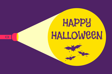 Vector illustration of a flashlight and bats for Halloween. Happy Halloween. - obrazy, fototapety, plakaty