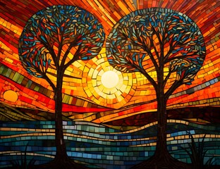 Abstract background with trees and sun in a stained-glass window