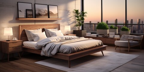 Modern Retreat: A Master Bedroom with a Wooden Bed Frame, Nightstands, and Soft Lighting. Generative AI